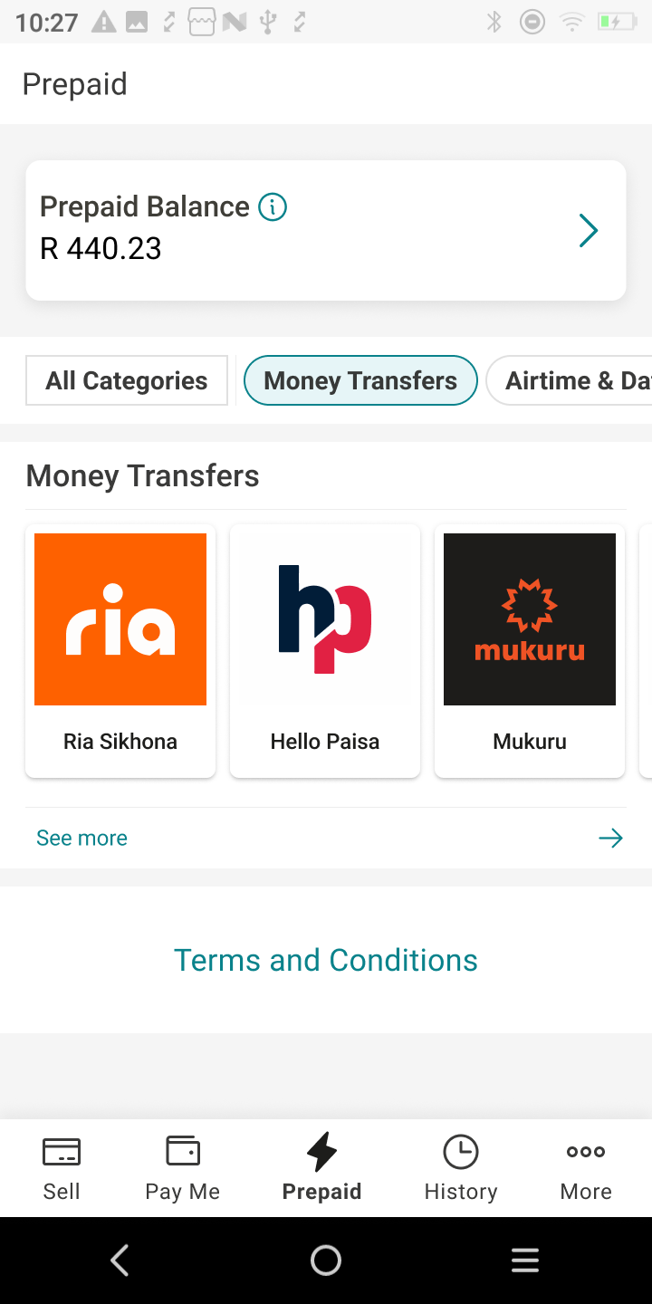 Existing money transfers screen